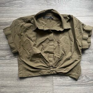 Lauren Ralph Lauren Olive Army Green 100% Cotton Bunched Front Crop Top Size 8